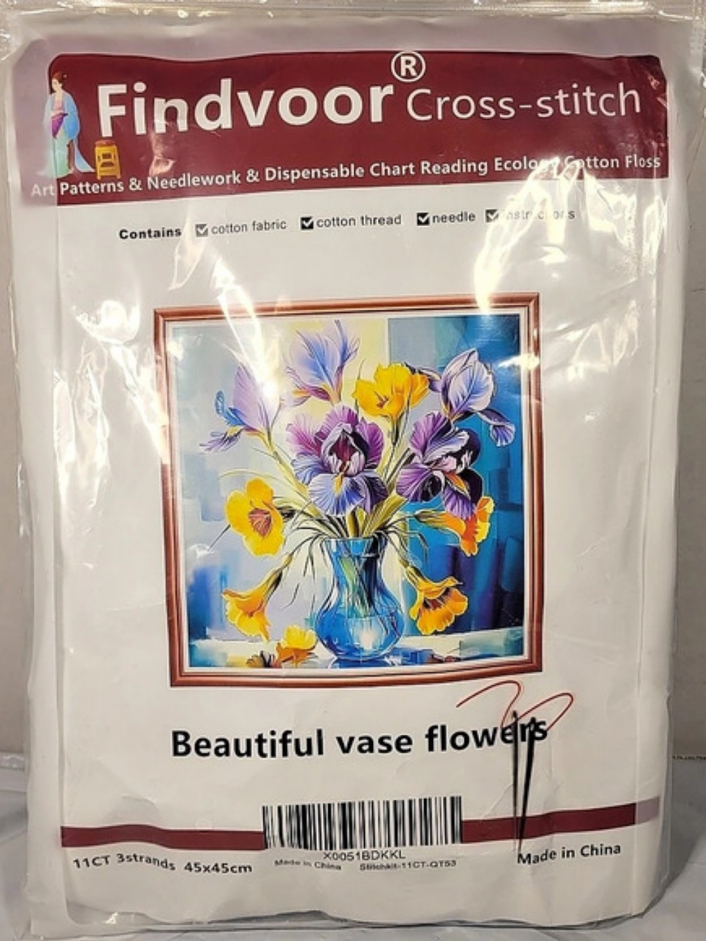 Findvoor Beautiful vase flowers Floral Cross-Stitch Kit Blue & Yellow NWT (Us1)